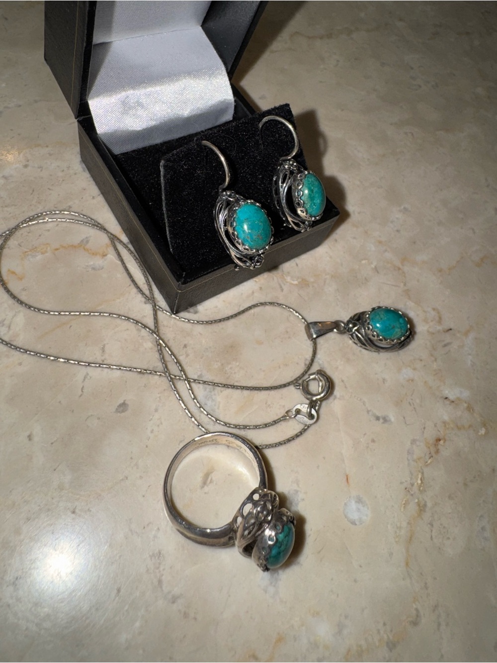 Sterling Silver Turquoise Jewelry Set - Necklace, Ring & Earrings - Picture 3 of 4